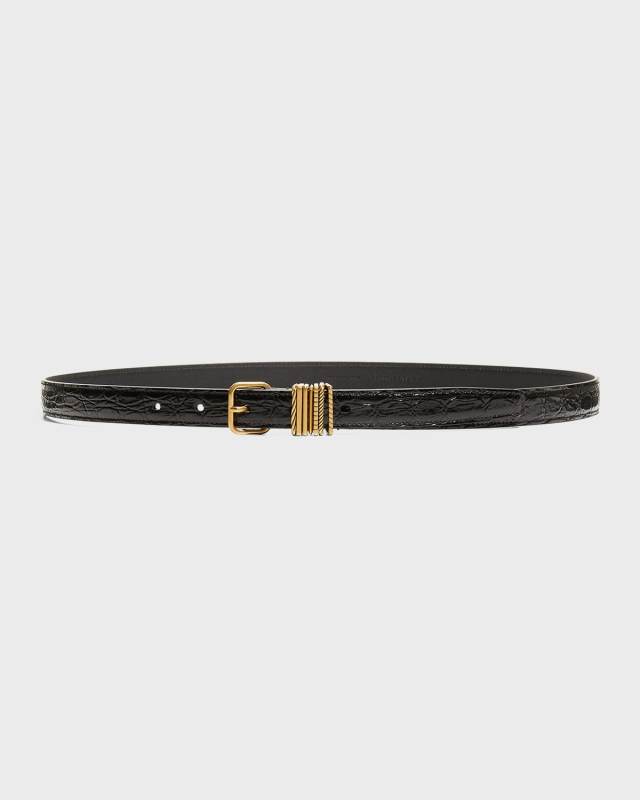 Croc-Embossed Leather Skinny Belt